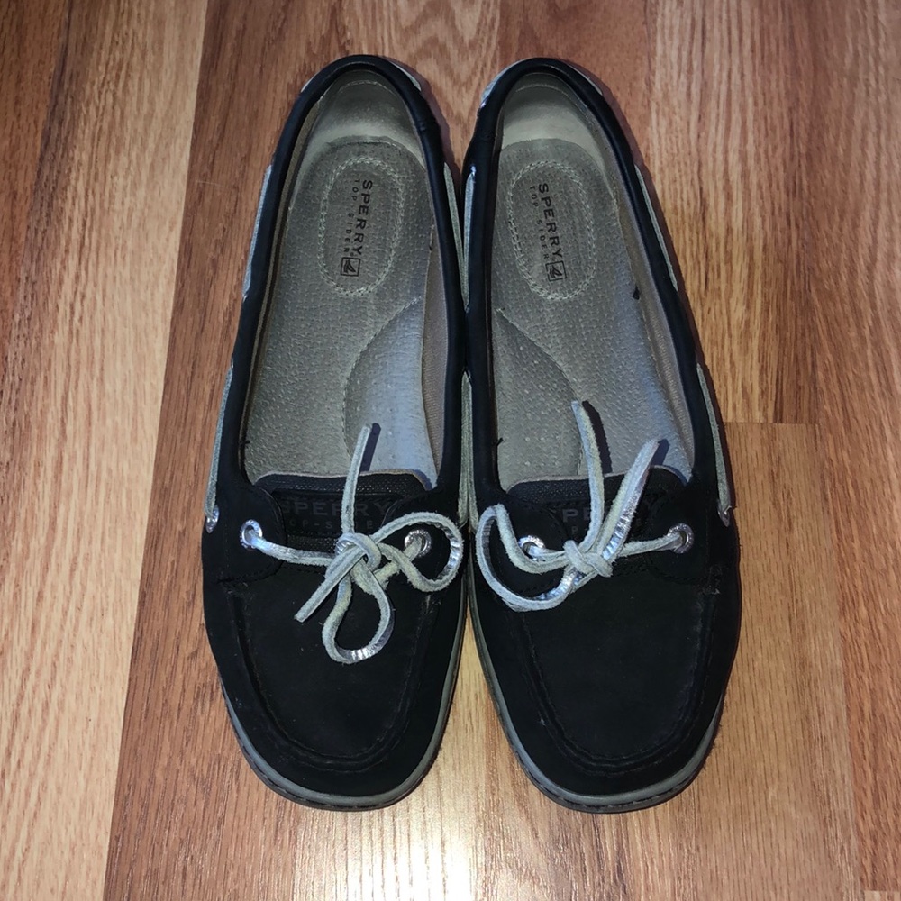 Sperry Black Suede Boat Shoes with Gray Laces